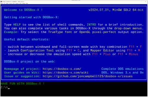 Startbildschirm von DOSBox-x: Die Software führt ein kleines DOS in einem Fenster aus.