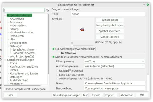 In den Projekteinstellungen lässt sich auch das Anwendungs-Icon einstellen und ebenso, ob die GUI sich an die dpi-Einstellungen des Systems anpassen soll.