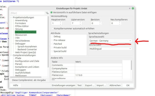 Die Sprache für die Dialogboxen lässt sich in den Projekteinstellungen festlegen.