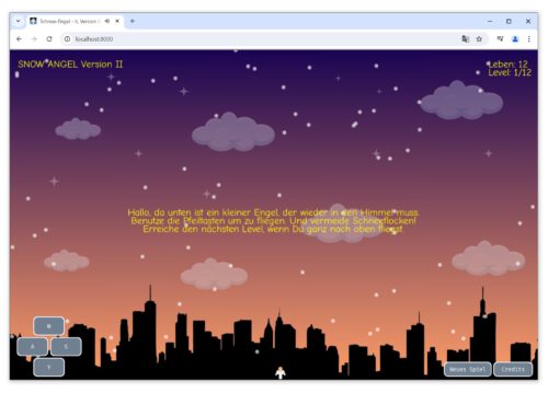 Das PyGame-Tutorial-Spielchen „Snowangel“ läuft mit pygbag als Browser-Game in Chrome.