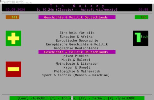 Das Spiel Tin Quizzy in Aktion - nach 30 Jahren macht es immer noch sehr viel Spaß - dank DOSBox!