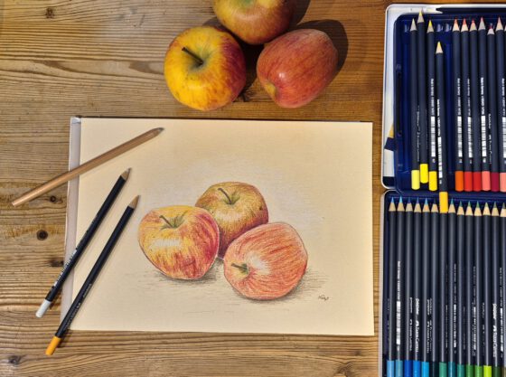 Äpfel, gezeichnet mit Faber-Castell Goldfaber Buntstiften (Foto und Grafik: Martin Dühning)