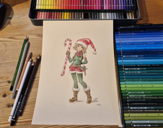 Jul-Elfchen, gezeichnet mit Polychromos Buntstiften (Foto und Grafik: Martin Dühning).