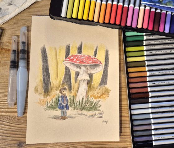 "Waldspaziergang", gezeichnet mit Staedtler Karat Aquarellstiften (Grafik und Foto: Martin Dühning)